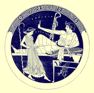 Dancing Girl and Feasting Youth, illustration from Greek Vase Paintings by J. E. Harrison and D. S. MacColl, published 1894 by after English School