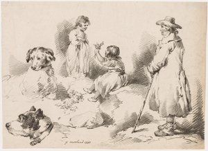 Studies of Children (Two Little Girls); Two Dogs; A Man by after George Morland