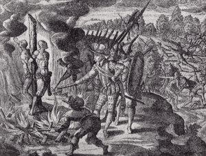 The Spaniards Revenge for the Death of Ayolas, from Gottfrieds Historia Antipodum, pub. in 1655, from The Romance of the River Plate, Vol. I, by W. H. Koebel, 1914 by after German School