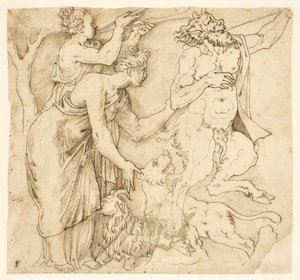 A Satyr, Two Women, a Lion and a Goat by after Giulio Romano