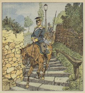 At Chateaudun, Two Uhlans Descend a 200-Step Stone Staircase on Horseback While Being Pursued by after Louis Charles Bombled