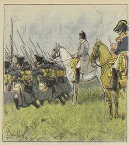 The Emperor contemplates his conscripts at the battle by after Louis Charles Bombled