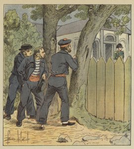 The soldiers of the Northumberland hide behind trees to see Bonaparte by after Louis Charles Bombled