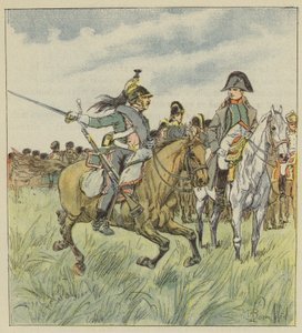 A dragoon warns the Emperor of the treason of one of his generals by after Louis Charles Bombled