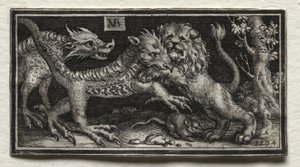 Lion Fighting Two Beasts by attributed to Tobias Stimmer