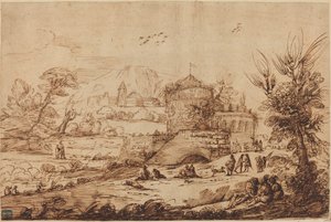 Landscape with Fortress and River by called Guercino after Giovanni Francesco Barbieri