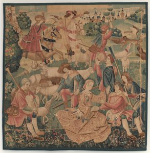Hunting and Pastoral Scenes, with a wreathed hero between ladies by design probably French 16th Century, Paris; woven in southern Netherlands or Paris in an undetermine workshop
