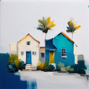 Minimalist Abstract Oil Painting of Colorful Cottages
