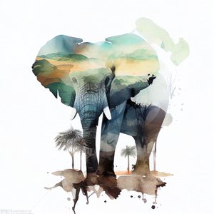 Watercolor Elephant and African Savanna