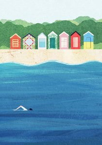 Colorful Beach Huts Ocean Swim by longwayhome