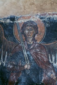 Angel holding sword, fresco in Byzantine church of St George, Komitades, Crete, Greece