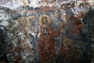 Christ with Angels and saint, fresco in church of Panagia, Kitiros, Crete, Greece