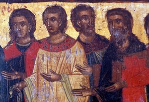 Male figures, wooden panel in Byzantine church of Palea Roumata, Crete, Greece