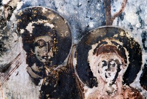 Saints, damaged fresco in church of Agios Vasileios, Vavouledo, Crete, Greece