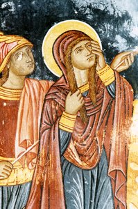 St Longinus and Mary, Crucifixion scene, fresco in Mikro Sotiris monastery, Symi island, Greece by Theodore Charles Ange Coquelin