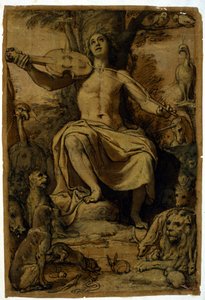 Orpheus enchanting animals with the music of a violin