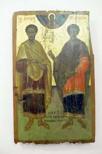 Saints, painting on wood in Arkadi monastery, Crete, Greece