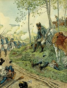 Campaign of Italy: Napoleon I Bonaparte at the Battle of Marengo on 14 June 1800 in Piemont, opposing the Napoleonic and Austrian armies. Illustration by Jacques Marie Gaston Onfray de Breville dit JOB by pseudonym for Onfray de Breville Jacques Job