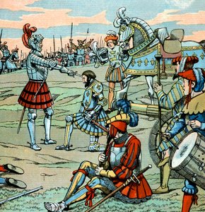 French king Francois 1st is dubbed knight by Bayard just after Marignan battle in September 14 by pseudonym for Onfray de Breville Jacques Job