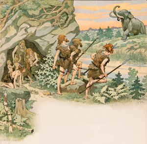 During prehistory, cave men protect their families from a mammoth attack by pseudonym for Onfray de Breville Jacques Job