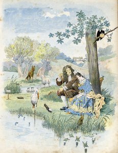 Jean de La Fontaine (1621-1695) talking to a young girl. Around them, animals present in the fables of the poet: wolf, lamb, stork, turtle, rat, frog, hare, fox, raven... in 