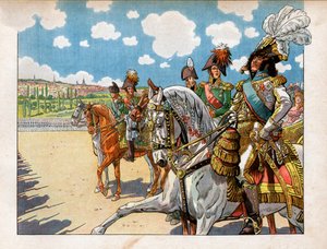 Joachim Murat accompanied Napoleon I Bonaparte and Alexander I, Emperor of Russia during the review of the troops during the Tilsit Treaty on 7 July 1807. Engraving by Jacques Marie Gaston Onfray de Breville dit Job