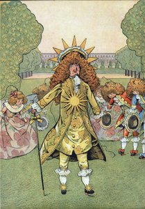 Scene of the History of France in Toys: Portrait of the King of France Louis XIV in the Gardens of Versailles with His Court Pulling Reverence