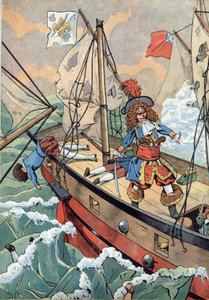Scene of the history of France in toys: The French sailor, privateer captain Jean Bart (1650-1702) with his son ready to set fire to the powder in case of a collision. In Joujoux a l
