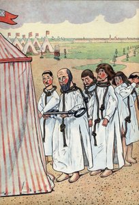Scene of the history of France in toys: The bourgeois of Calais. The siege of Calais in 1347 and the devotion of Eustache of Saint Peter, the best known of the six bourgeois of Calais, who went to the king of England Edward III, to plead for the grace of by pseudonym for Onfray de Breville Jacques Job