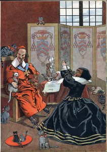 Scene of the history of France in toys: woman begging for the forgiveness of Cardinal Richelieu (1585-1642) surrounded by cats. In Joujoux a l