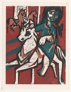 Woman on Horseback in Front of Two Other Horses