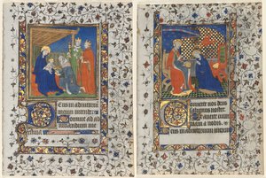 Bifolio from a Book of Hours: Adoration of the Magi and Coronation of the Virgin by workshop of Boucicaut Master