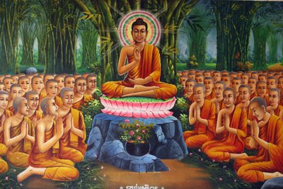 Painting Depicting Buddha Teaching Under a Tree, with King