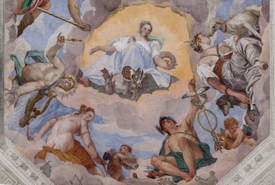 Universal Harmony surrounded by gods: Zeus with an eagle, Mars, Apollo with the lyre, Venus, Mercury with caduceus, Diana with dogs, and Saturn by Veronese