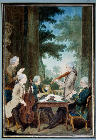 Gentlemen Duport, Vachon, Rodolphe, Provers and Vernier. Portrait of a group of musicians during a concert. Watercolour by Louis Carrogis dit Carmontelle by Carmontelle