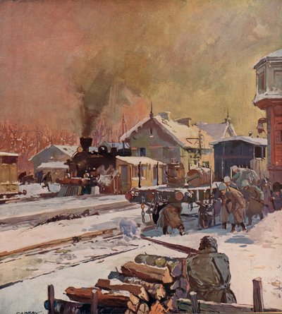 Battle between Red and White troops at a railway station, Russian Civil War by (after) Carrey