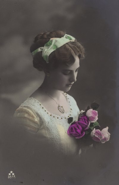Girl peering into bunch of roses by (after) English photographer