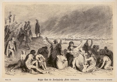 Scipio Africanus burning the Carthaginian fleet by (after) German School