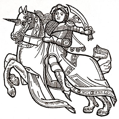 Joan of Arc on Horseback Brandishing a Sword by (after) Spanish School