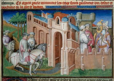 Brothers Nicolo and Matteo Polo, uncle and father of Marco Polo (1254-1324) arrive in Bukhara, Uzbekistan. Miniature taken from “The Book of Wonders” (“Devisement du monde”, “Il Milione”) by Marco Polo (1254-1324) illustrated by the Master of Bouci by (and workshop) Boucicaut Master