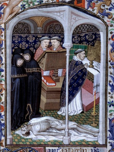 Scene of funeral ceremony and macabre dance. Miniature from Book of Hours used in Paris illuminated by the Atelier du Maitre de Boucicaut, approximately 1415. Paris, B.N. by (and workshop) Boucicaut Master