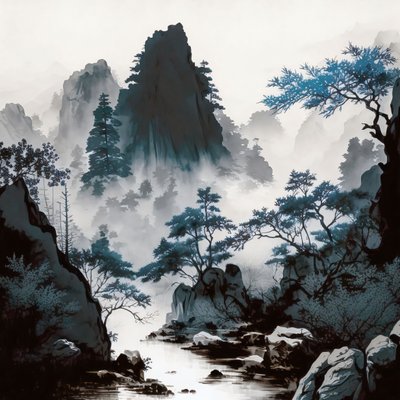 Cyanotype Mountain River Mist in Shan Shui Style by F. Abderrahim