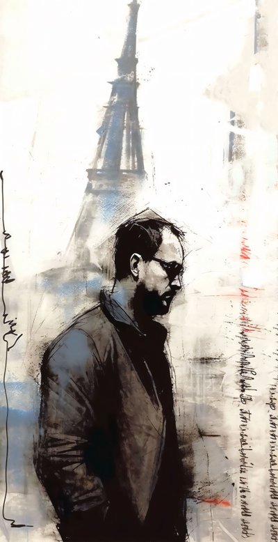 Painting of a Man Walking Down in Paris by F. Abderrahim