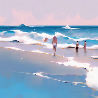 People on the Beach Minimalist Watercolor with Waves by F. Abderrahim
