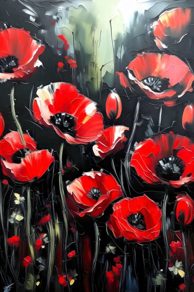 Knife Painting Vivid Red Poppies by F. Abderrahim
