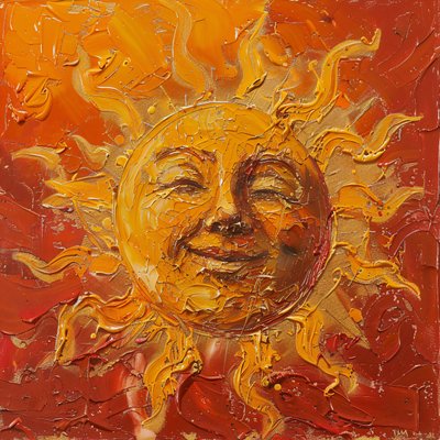 A chubby sun painted on a red and veiled background by F. Abderrahim