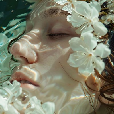 Beautiful Young Woman Enjoying the Scent of White Flowers by F. Abderrahim