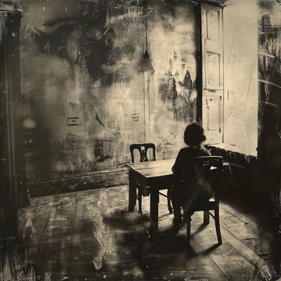 Girl Sitting Alone in a Dark Room in Sadness by F. Abderrahim