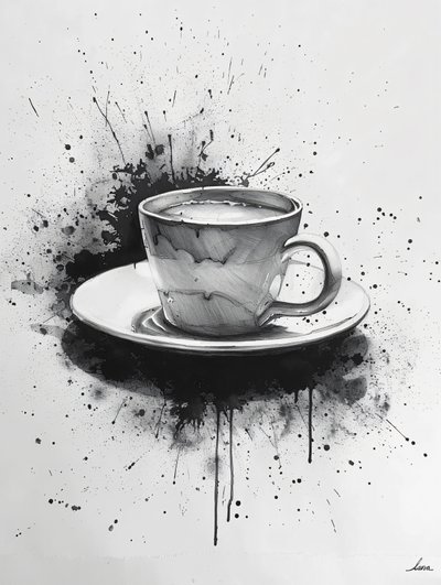 Minimalist Single-Line Noir Scene with Coffee Stain Highlights by F. Abderrahim