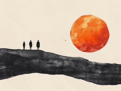 Minimalist Single-Line Sketch of a Desert Sun Procession by F. Abderrahim